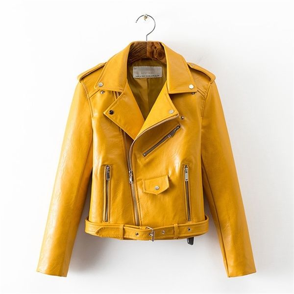 

autumn women's leather jacket short washed bright color women's coats rivet metal zipper clothes with bucket 201210, Black;brown