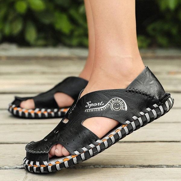 

summer shoes men beach sandals outdoor breathable genuine leather men sandals handmade sewing flat casual male holiday shoes #8a4f, Black