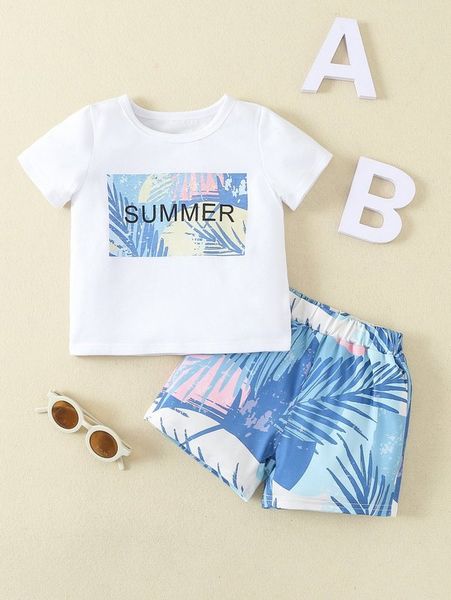 

baby letter & tropical print tee & shorts she01, White