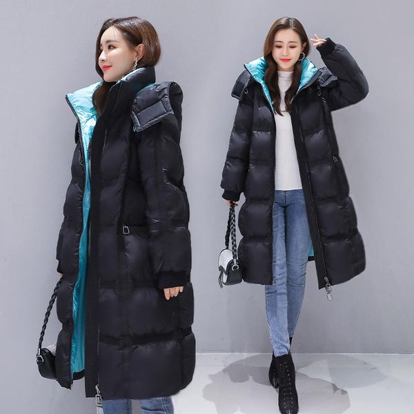 

popular down jacket women's new winter wear color contrast fashion large size thickened loose knee white down jacket 11254, Black