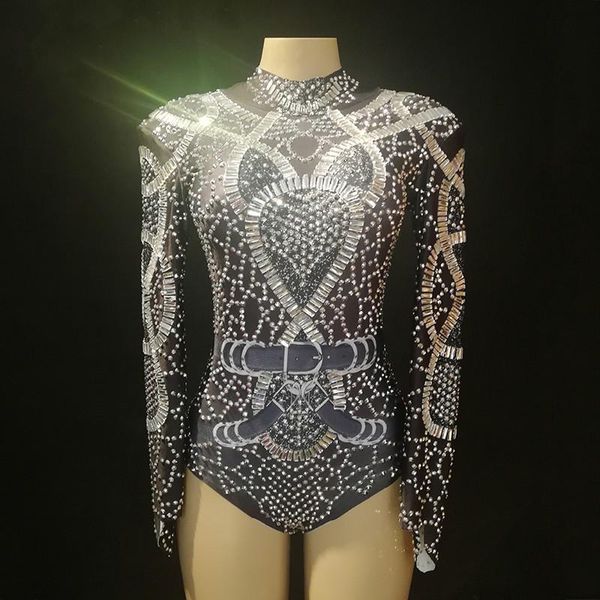 

women's jumpsuits & rompers women singer dance stage show wear glisten rhinestones stretch black bodysuit birthday party evening celebr, Black;white