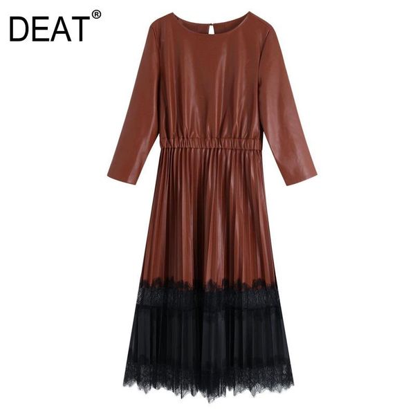 

deat] 2021 spring autumn new fashion tide women round neck high waist long sleeve splicing temperament pu leather dress 13w327, Black;gray