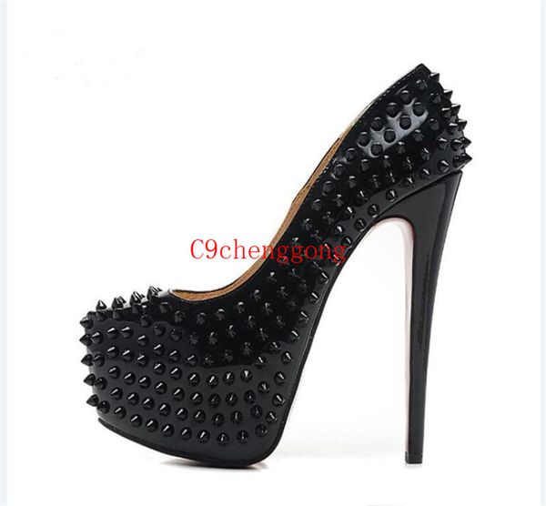 

высочайшее качество женские 16 см высокие каблуки черный патентная кожа с шипами роскошные красные нижние насосы, дамы дизайнерские свадебны, Black