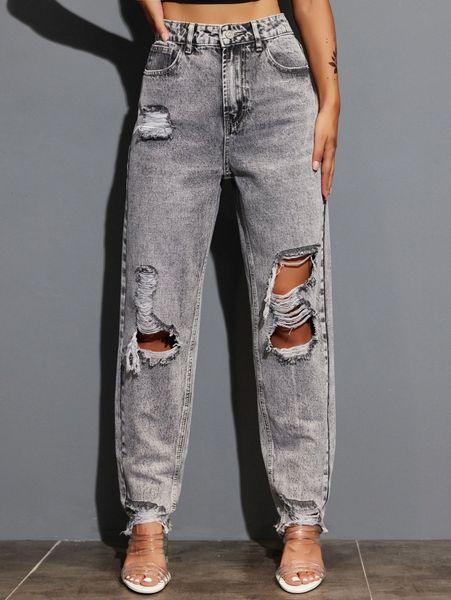 

high waisted ripped raw hem jeans c8n1#, Blue
