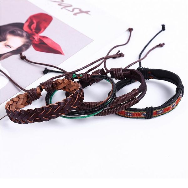 

eif dock ethnic 4 pcs/set wood beads charm handmade woven men leather bracelets women vintage bangle male homme qylkev