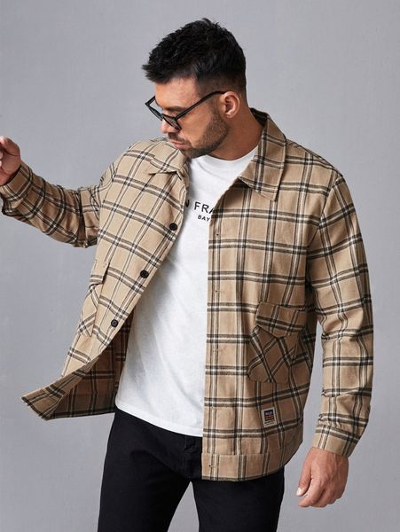 

extended sizes men pocket patched plaid shirt s1ln#, White;black