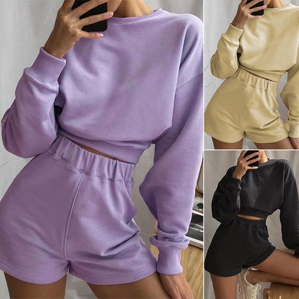 

women 2 pieces set long-sleeve sweatshirt high waist slimming biker shorts active sport tracksuit, Gray