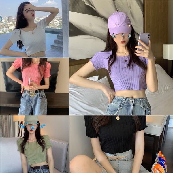 

black short short sleeve tight knit t-shirt for women's spring summer 2020 new slim coat t-shirt fit and with exposed navel bottom h, White;black