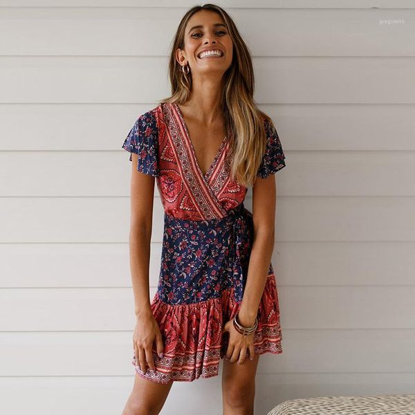 

summer street casual sashes dress women short butterfly sleeve v-neck printed pleated short above knee mini dress1, Black;gray