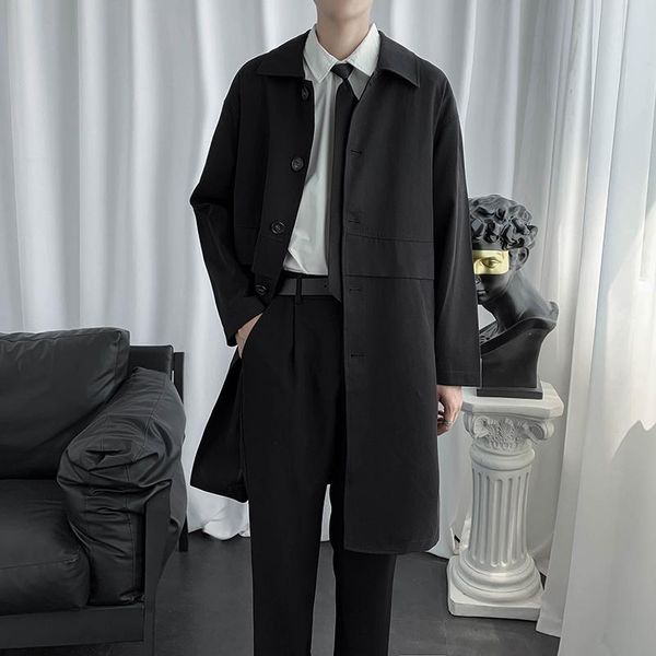 

men's trench coats long windbreaker coat men solid single breasted jacket spring autumn casual loose clothing bg50th, Tan;black