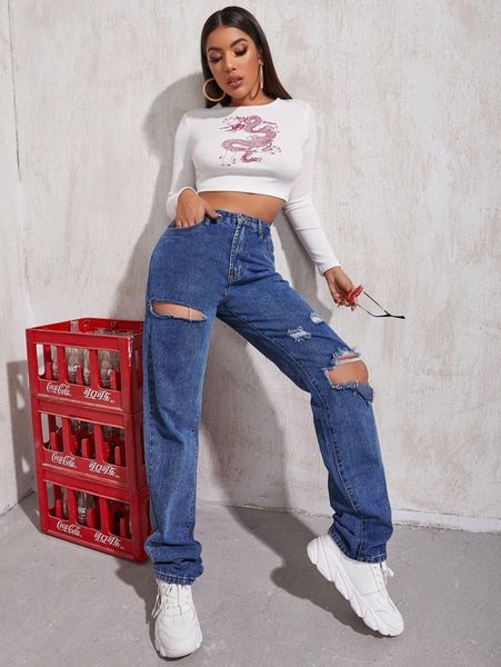 

high waist ripped boyfriend jeans a0us#, Blue
