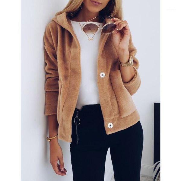

women winter casual fleece brown long sleeve buttons warm hooded jacket coat ladies streetwear pockets fashion outwear sj4722m1, Black;brown