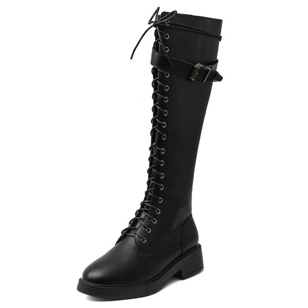 

new womens knee high boot lace up buckle fashion combat boots, Black