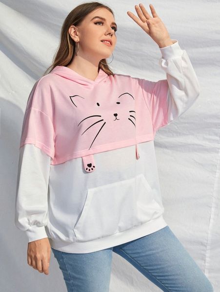 

plus color block cartoon graphic drop shoulder hoodie n5rr#, Black