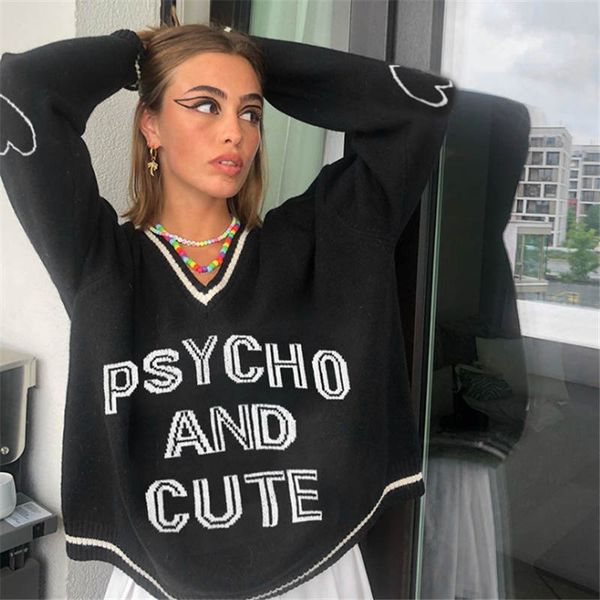 

2020 new letter knit sweater big v-neck fashion casual sweater loose long-sleeved all-match irregular cut designer model female size s-l, White;black