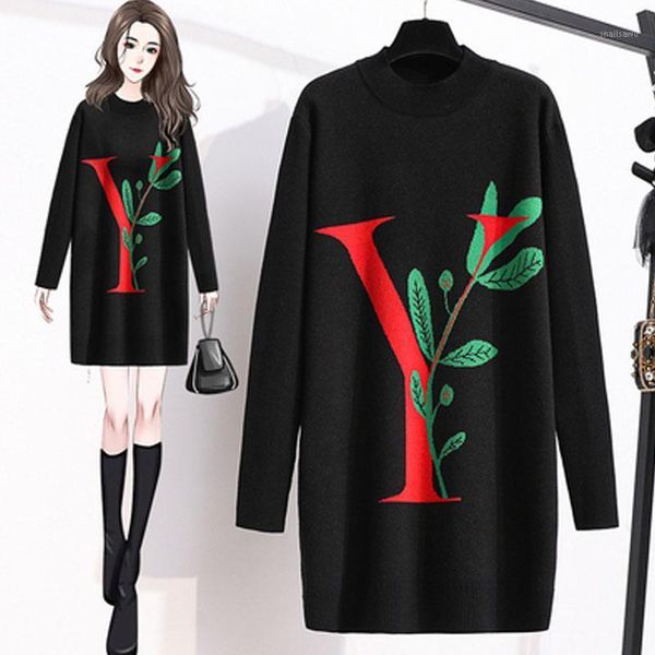 

new 2021 autumn winter women dress knitted korean style cartoon print fashionable oversize loose warm elegant lady short dresses1, Black;gray