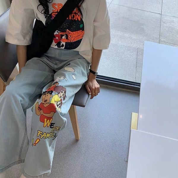 

2021 new popeye cartoons print jean wide high-waisted female harem loose plus size denim streetwear 6kxo, Blue