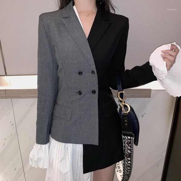 

suit jacket long sleeves slim blazer double breasted patchwork casual female autumn1, White;black