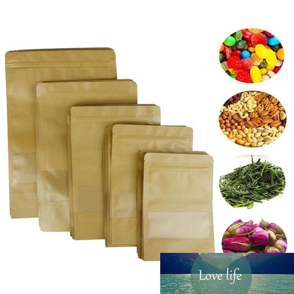 100pcs Food umidade barreira Sacos com clara Janela Brown Kraft Paper Doypack bolsa de embalagem vedação Pouch