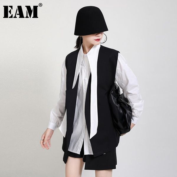 

women's blouses & shirts [eam] women black irregular split big size blouse lapel long sleeve loose fit shirt fashion tide spring autumn, White