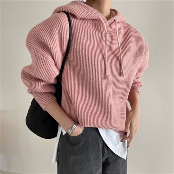 

2021 new candy color hang strip casual all-match long-sleeved hooded patch knitted sweater women jrx5, White;black