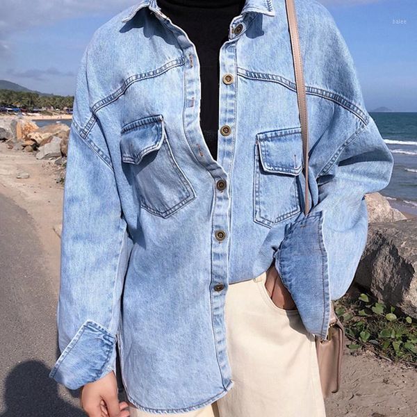 

2019 fashion denim shirt female long sleeve loose wild student jacket denim shirt two-piece1, Black;brown