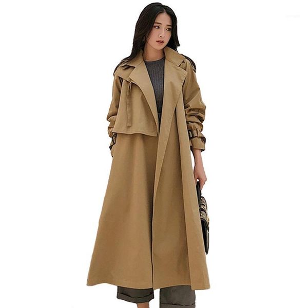 

khaki trench coat women spring autumn long coat casual fashion female plus size belt slim cotton trench thin windbreaker1, Tan;black