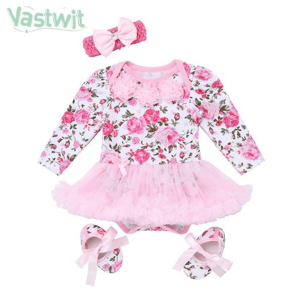 

newborn baby girl clothes my first birthday costume outfit baby rose print mesh tutu romper dress infant girl 3pcs clothing set, White