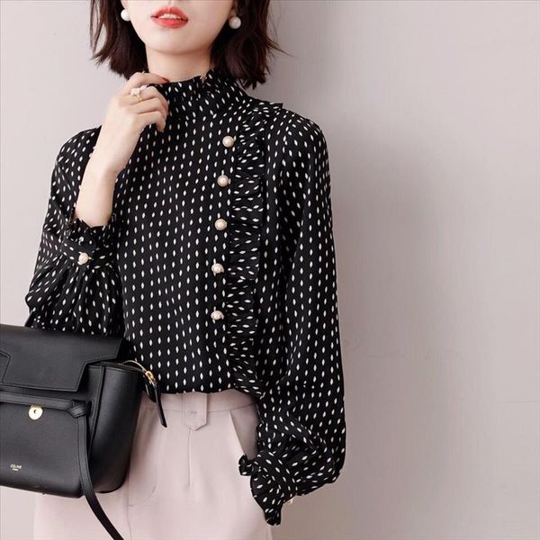 

long sleeve chiffon polka dot shirt female flower side stitching polka dot button decoration small fresh blouses women spring, White