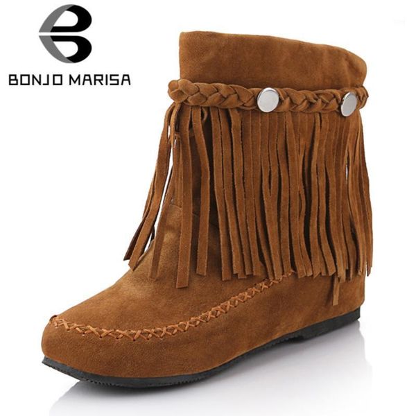 

boots bonjomarisa 2021 autumn winter brand women fringe ankle big size 32-43 sewing add fur shoes woman low heels ladies1, Black
