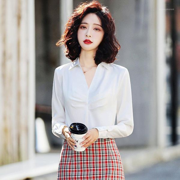 

women's blouses & shirts autumn winter western style all-match solid color pleated blouse for women professional women's shirt sli, White