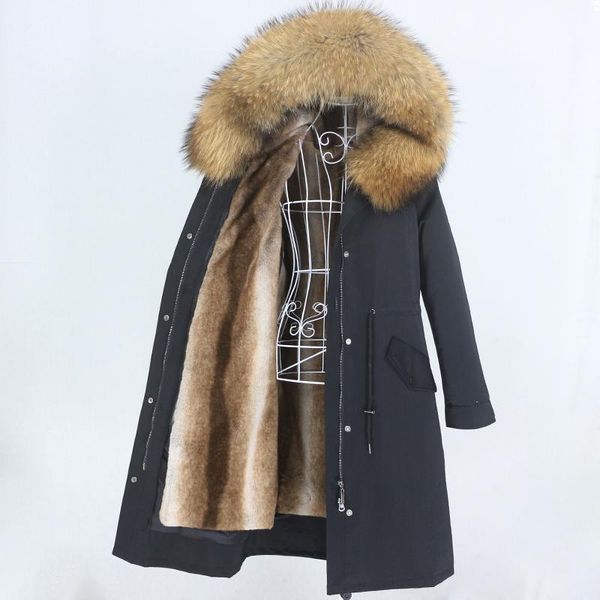 

women's fur & faux oftbuy 2021 x-long parka waterproof winter jacket women natural raccoon hood real coat detachable streetwear, Black