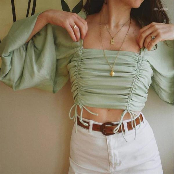 

women's blouses & shirts women autumn drawstring long sleeve street blouse 2021 spring fashion ladies casual light green 1, White