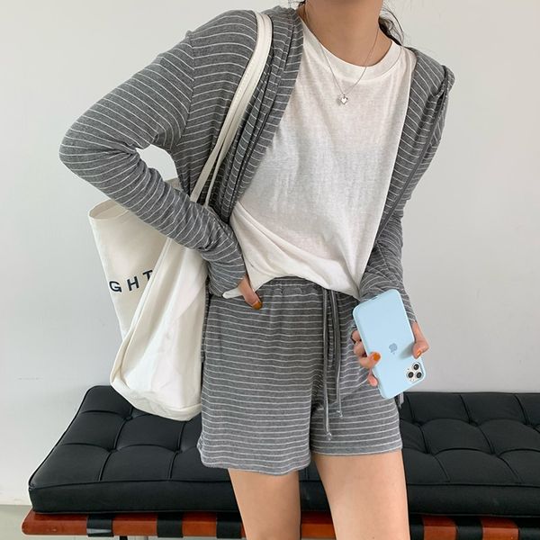

желтый tiestriped с капюшоном спортивного костюм отдыха женщины 2020 галстук набора полосатых два частей setautumn корейски пальцем трикотаж, Gray