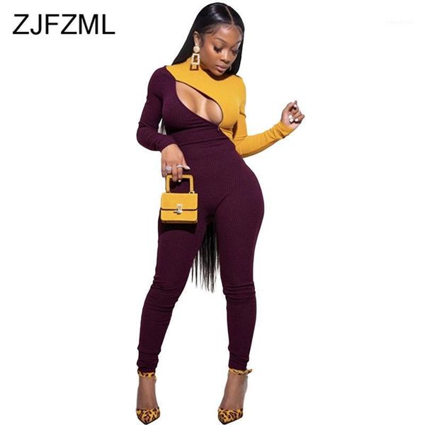 

front zipper hollow out bodycon jumpsuit high necked long sleeve skinny bodysuit fall winter club party one piece overalls1, Black;white