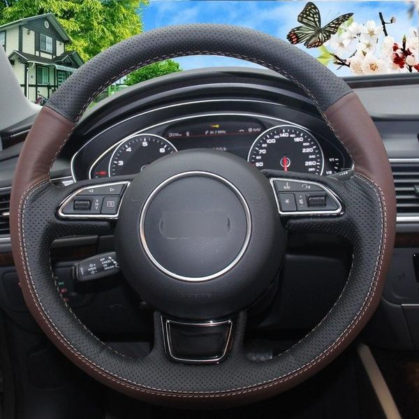 

черный палм-красный из натуральной кожи ручной сшитые рулевого управления автомобиля крышка колеса для audi a1 a3 a5 a7
