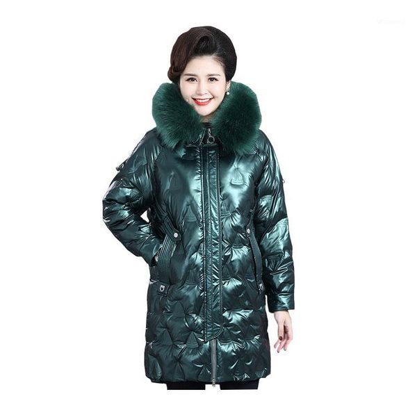 

chic women medium long winter jacket glossy fur collar detachable hooded windproof bio down coat oversize cotton padded parkas1, Black