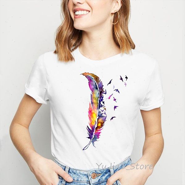 

watercolor feather birds print kawaii t shirt femme summer female white tshirt tumblr clothes streetwear drop shipping