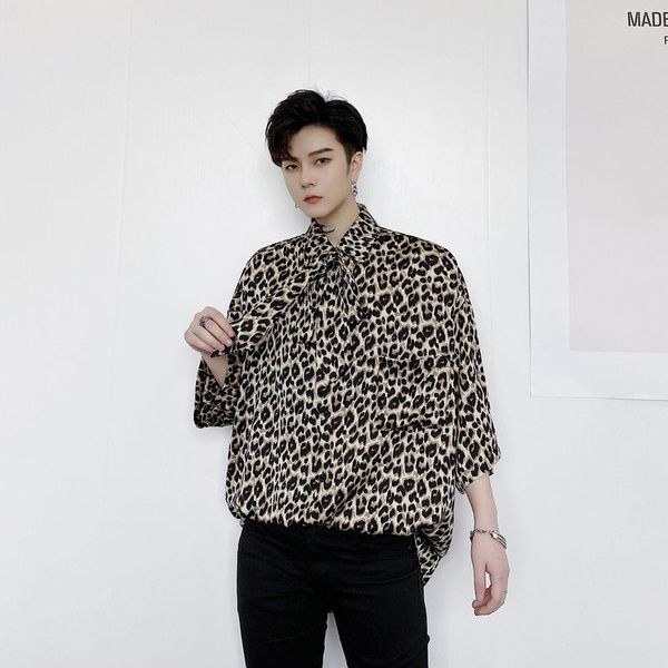 

2020 summer and autumn new korean couple european and american style loose leopard bow tie short sleeve shirt cotton -xl, White;black
