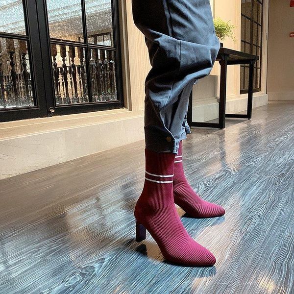 

mid calf women's high-heeled boots socks elegant strange heel stretch fabric knitted boots women autumn shoes 2020, Black