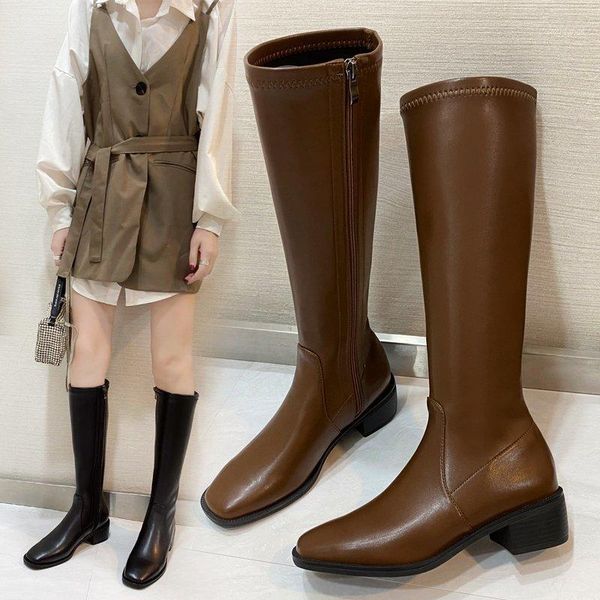 

high boots women 2020 autumn and winter new women's knight boots square toe plus velvet side zipper knee-length women's1, Black
