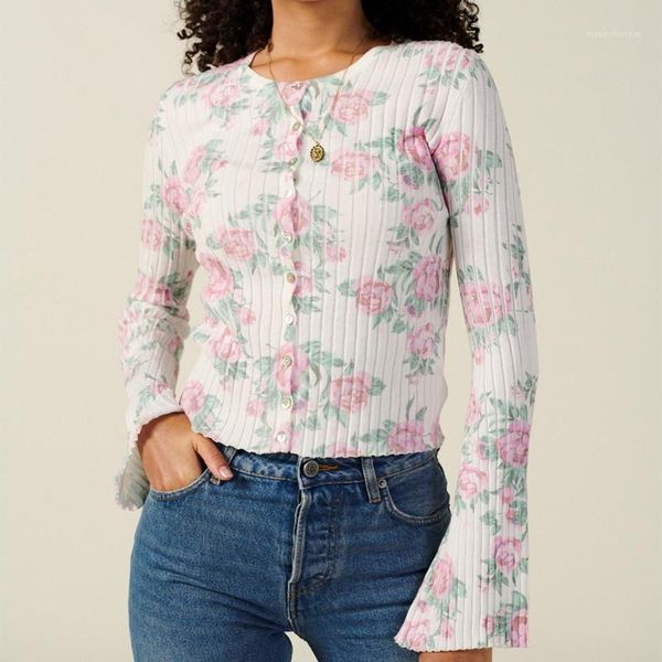 

women's blouses & shirts retro rose print lady knitted cardigan flare sleeve o-neck single-breasted slim casual wild women cardigan1, White