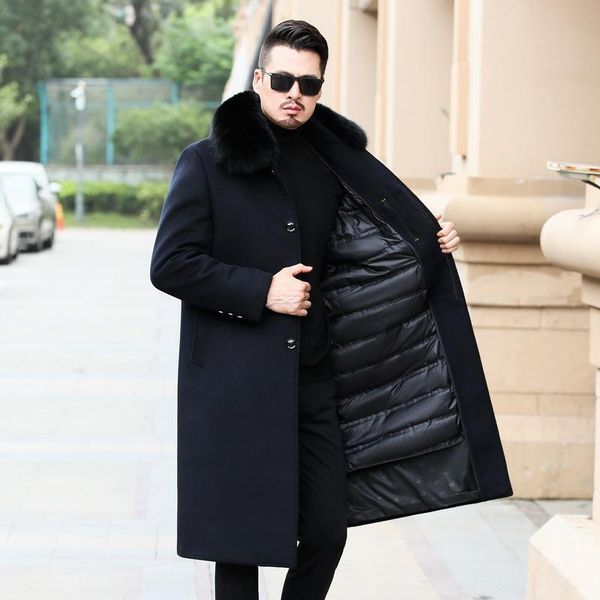 

men's wool & blends winter 2021 over knee long woolen coat detachable down liner business windbreaker thickened, Black