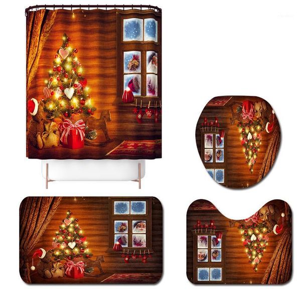 

christmas print bathroom combination set shower curtain + bath mat+ lid toilet cover + toilet pedestal rug four-pieces sets1