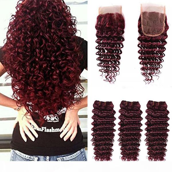 

brazilian 99j human hair weave 100% virgin hair extension deep wave curly wine red 3 bundles burgundy hair with 4x4 lace closure, Black;brown