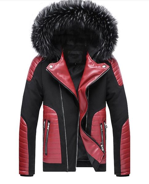 

autumn winter men jacket patchwork leather motorcycle jacket street fashion fur collar leather fur coat men, Black