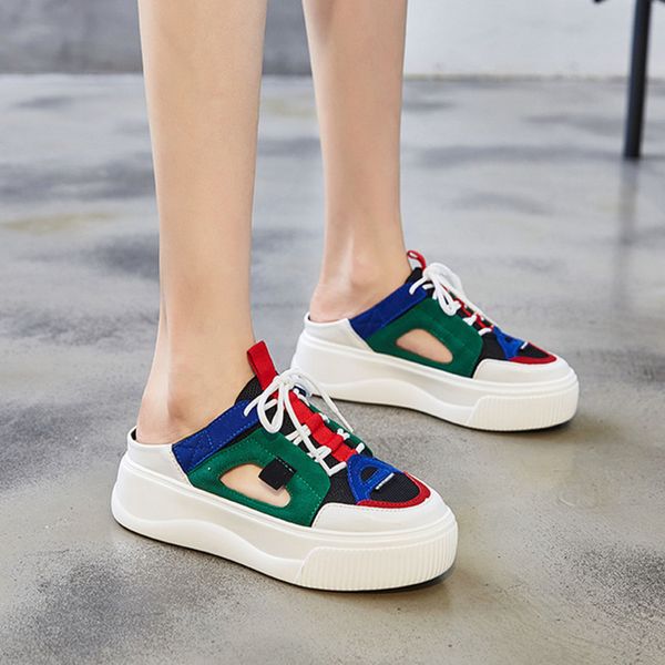 

women half shoes sneakers 2019 summer leather high heels slippers casual lace up woman sneakers shoes fashion summer slippers x1020, Black