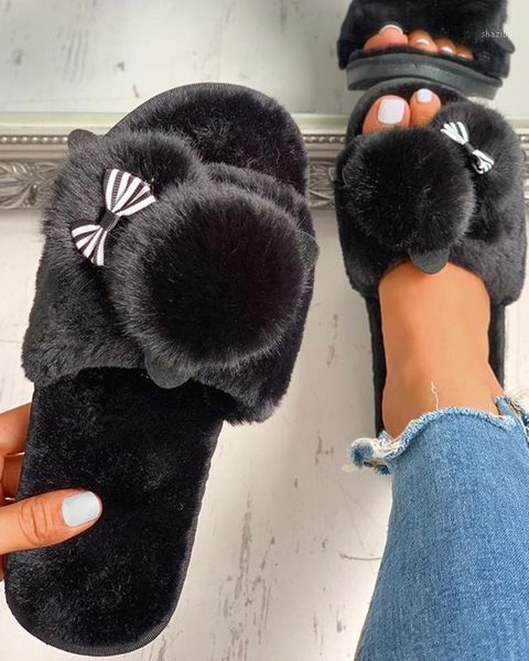 

slippers pom bowknot flat women open toe fluffy winter sandal cross soft shoes warm faux fur flock indoor1, Black