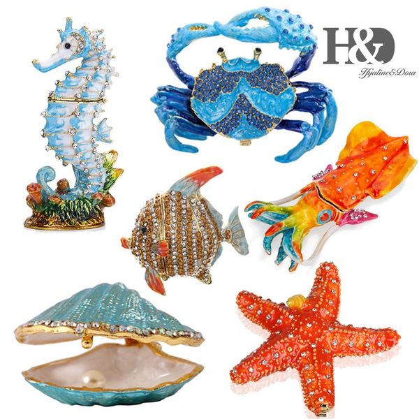 

h&d hand painted sea animal style trinket box enameled and jeweled box hinged jewelry collectible figurine ocean decor for home