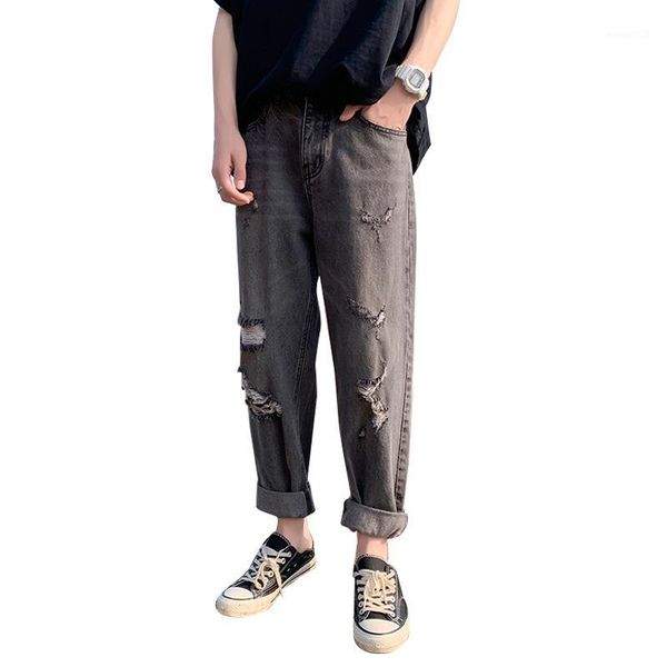 

men's jeans wholesale 2021 ripped hole denim men's straight-legged loose beggar pants korean trendy student ruffian handsome jeans, Blue